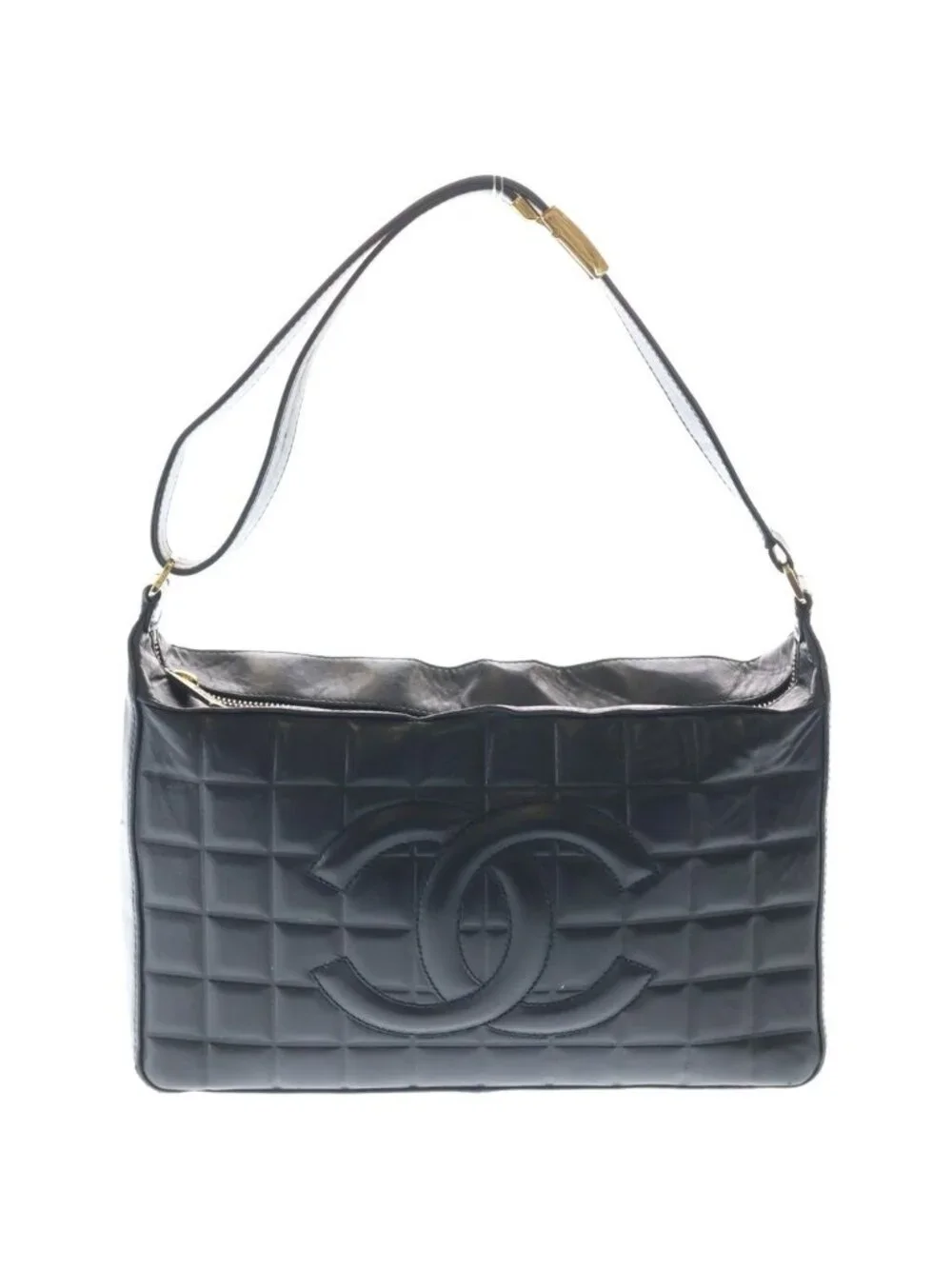 Chanel CC Logo Choco Bar Shoulder Bag Lambskin Gold Black